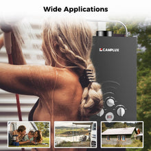 Load image into Gallery viewer, CAMPLUX Portable Tankless Water Heater 1.58 GPM, BW158B Outdoor Propane Water Heater Camping, 41,000 BTU, Black
