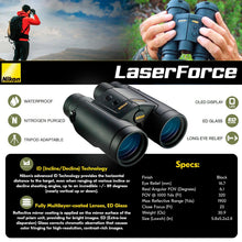 Load image into Gallery viewer, Nikon LaserForce 10x42 Rangefinder Binocular - 10-1900 Yard Range Waterproof Fogproof Precision Distance Measuring Hunting Binoculars - Fully Multicoated Lenses, Bright Display - Tripod Adaptable
