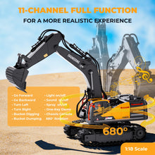 Load image into Gallery viewer, RC Excavator Toy for Boys -11CH Remote Control Excavator with Metal Shovel, Lights, Sound &amp; Spray, 2×600mAh Rechargeable
