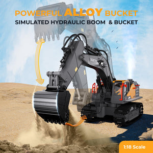 RC Excavator Toy for Boys -11CH Remote Control Excavator with Metal Shovel, Lights, Sound & Spray, 2×600mAh Rechargeable