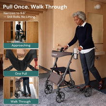 Load image into Gallery viewer, StepPilot Zero Wobble Rollator Walker with Seat for Seniors, 350lb Capacity, 18" Extra Wide Seat, 8" Wheels &amp; Dual Brake, One-Hand Folds to 9.6", 7-Level Handle Adjustable, Cup Holder &amp; Cane Clip

