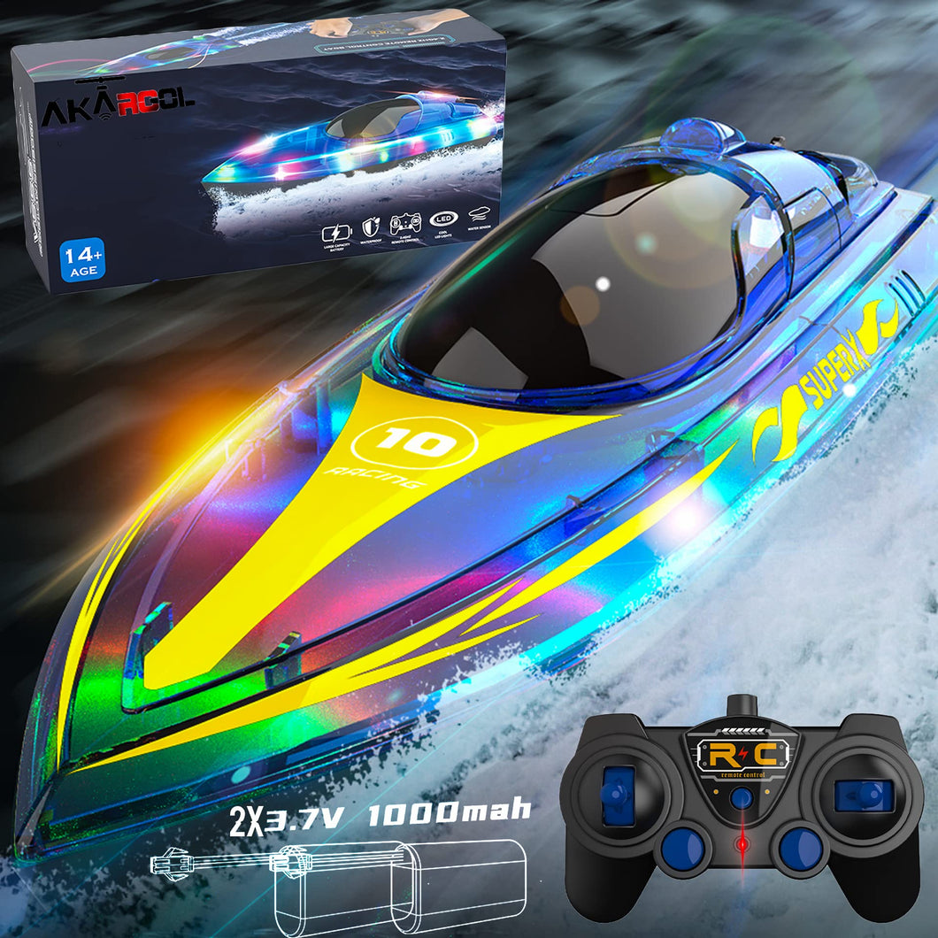 RC Boat with LED for Kids and Adults - Remote Control Boat for Pools and Lakes 2.4 GHZ RC Boats with 2 Rechargeable Batteries.