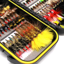 Load image into Gallery viewer, Fly Fishing Flies Assortment Kit Dry Wet Nyphms Tenkara Popper Streamer Woolly Bugger for Trout Bass Salmon Steelhead with Fly Box (100PCS Fishing Flies Kit)
