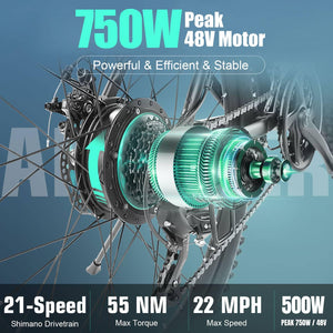 Electric Bike for Adults, Peak 750W Ebike, 3H Fast Charge, 55 Miles, 22MPH Electric Bicycle, 48V 499Wh Battery