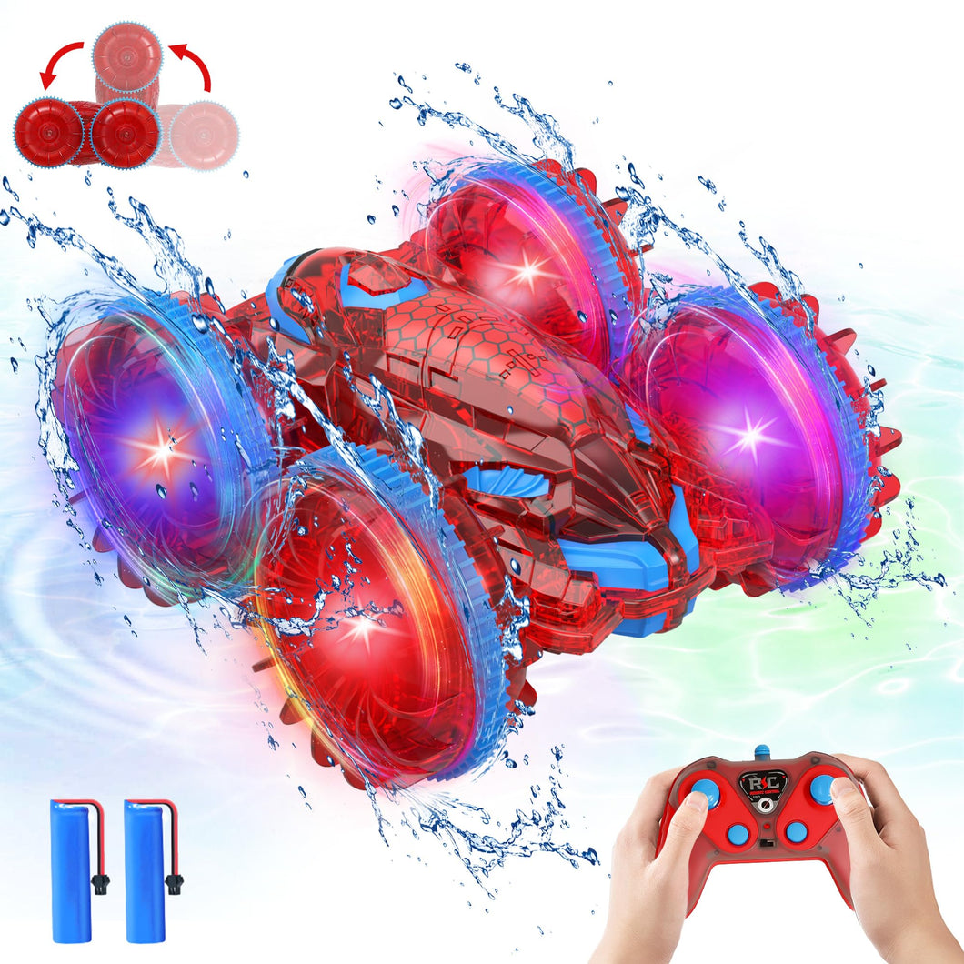 Amphibious Remote Control Car for Kids with LED Lights, RC Boats for Boys Age 6 7 8 9 10 11 12, 2.4GHz 4WD Spide RC Stunt Car