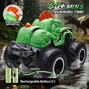 Amphibious Monster Truck Toys, 1:20 Waterproof Dinosaur Monster Trucks for Boys Age 4-7, 2.4GHz All Terrain RC Cars with 2 Batteries