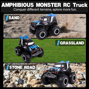 Amphibious Remote Control Cars, 1/20 Stunt RC Rock Crawler Monster Truck Toy with Two Alternative Rechargeable Batteries, Blue
