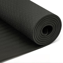 Load image into Gallery viewer, Amazon Basics 0.25-inch Thick TPE Exercise Yoga Mat with Carrying Strap, Black

