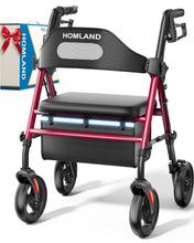 Load image into Gallery viewer, HOMLAND Foldable Rollator Walkers with Seat for Seniors, 8'' Big Wheels, 350 lb. Weight Capacity, Adjustable Handles and Seat Height, Lightweight Rolling Walker, Red
