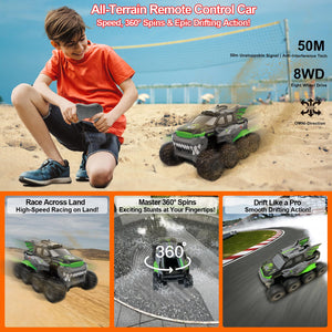 Amphibious Remote Control Car 8WD RC Monster Truck with 2 Rechargeable Batteries for Boys Age 8-12 Offroad Waterproof, Green