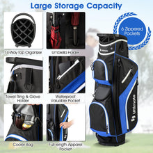 Load image into Gallery viewer, ULTIMATE 14-Way Golf Stand Bag, Portable Golf Bag w/ 6 Pockets,Cooler Bag &amp; Waterproof Valuable Pocket, Rain Hood, Ergonomic Dual Strap System &amp; Carrying Handles, 5 LBS Lightweight for Adults (Blue)
