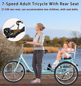 Adult Tricycle 7 Speed, Adult Tricycle with Rear seat for Ladies，24in 3-Wheel Bikes, Trike for Adults (Blue)