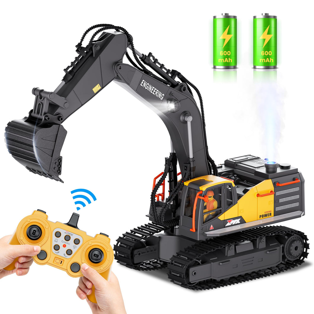 RC Excavator Toy for Boys -11CH Remote Control Excavator with Metal Shovel, Lights, Sound & Spray, 2×600mAh Rechargeable