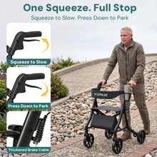 Load image into Gallery viewer, StepPilot Zero Wobble Rollator Walker with Seat for Seniors, 350lb Capacity, 18" Extra Wide Seat, 8" Wheels &amp; Dual Brake, One-Hand Folds to 9.6", 7-Level Handle Adjustable, Cup Holder &amp; Cane Clip
