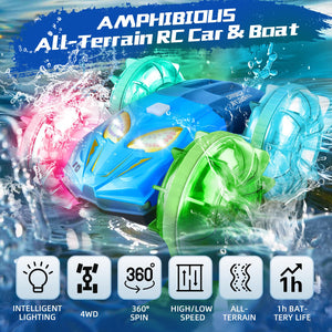 Amphibious Remote Control Car Boat - 4WD RC Stunt Car with Waterproof Gesture Sensing 2.4GHz RC Boat with Lights