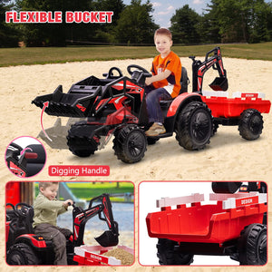 3-in-1 Ride On Tractor, 24V Ride On Car Toy Excavator & Bulldozer - Battery-Powered Electric Vehicle w/Trailer, Digger, Red