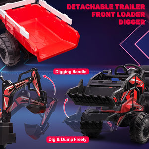 3 in 1 Ride on Tractor, 24V Ride on Excavator with Remote Control, Kids Electric Vehicles w/Trailer, Shovel Bucket, Digger, Red