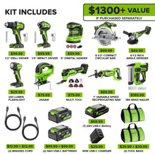 Load image into Gallery viewer, Greenworks 24V Brushless 10PC TOOL, Drill+Impact Driver+Circular Saw+Recip Saw+Jig Saw+Sander+Light+Multi-Tool+Nailer+Grinder (2) 4.0Ah+2.0Ah Batteries (24,000mAh PB) USB-C Charger, High Efficiency
