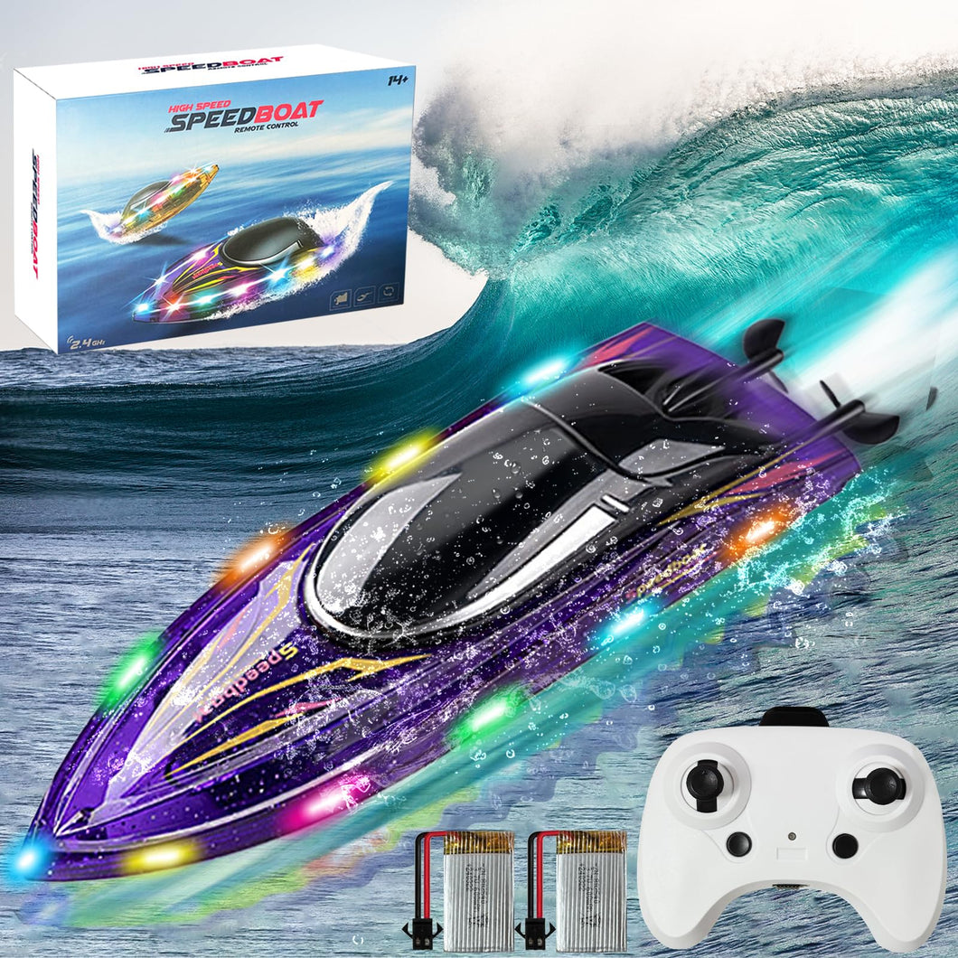 Remote Control Boat Toys-2.4GHz 20KPH with 2 Rechargeable Batteries-3 LED Light Modes 200 Feet RC Distance-Rechargeable (Purple)