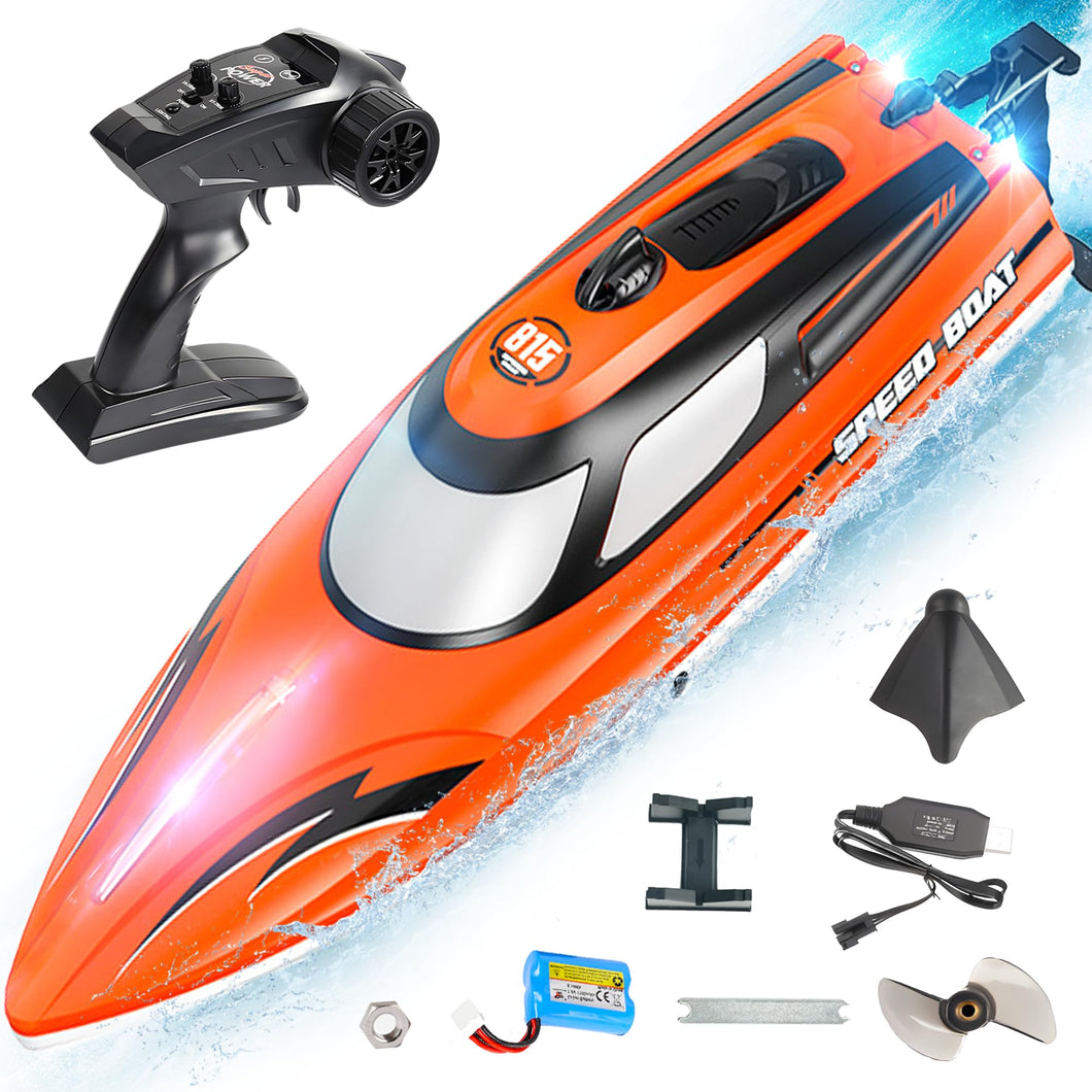 RC Boat for Kids & Adults, 14 inch Fast RC Speed Boat with 1100mAh Battery, Waterproof Toy for Lakes & Pools - HJ815 Orange