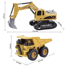 Load image into Gallery viewer, 2 PCS Remote Control Construction Vehicle Toy Set, Friction-Powered RC Excavator &amp; RC Dump Truck with Lights and Sounds
