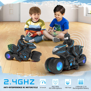 Remote Control Motorcycle Toys New Upgraded RGB Wheels Lights, RC Motorbike with 2-in-1 Remote, Gesture Sensing Stunts Dirt Bike