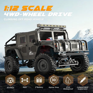1:12 Scale All-Terrain Remote Control Car, 4WD RC Cars with 2.4 GHz, RC Climbing Truck, IPX4 Waterproof Off-Road Vehicle