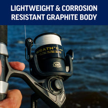 Load image into Gallery viewer, PENN Wrath II Saltwater Spinning Fishing Reel, Size 2500, Right/Left Handle Position, Corrosion-Resistant Graphite Body, Machined Anodized Aluminum Spool
