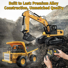 Load image into Gallery viewer, RC Excavator and Dump Truck Toy Set，2.4Ghz Metal Remote Control Construction Vehicle with Light &amp; Sound
