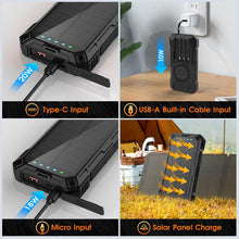 Load image into Gallery viewer, BLASOUL Solar Power Bank,49800mAh Wireless Portable Phone Charger with 4 Built-in Cables,22.5W Fast Charging USB-C in/Output External Battery Pack for iPhone,Android,Perfect for Hiking/Camping
