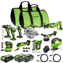 Load image into Gallery viewer, Greenworks 24V Brushless 10PC TOOL, Drill+Impact Driver+Circular Saw+Recip Saw+Jig Saw+Sander+Light+Multi-Tool+Nailer+Grinder (2) 4.0Ah+2.0Ah Batteries (24,000mAh PB) USB-C Charger, High Efficiency
