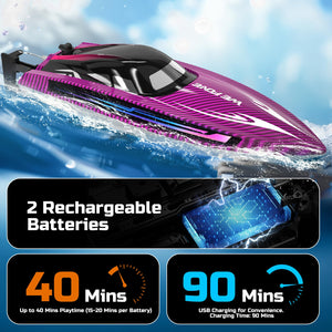 Remote Control Boat for Adults, 25+ KMH Fast RC Speed Boat with LED Light for Kids, Self-righting, Demo, Purple