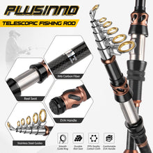 Load image into Gallery viewer, PLUSINNO Fishing Rod and Reel Combos - Carbon Fiber Telescopic Fishing Pole - Spinning Reel 12 +1 Shielded Bearings Stainless Steel BB，Travel Saltwater Freshwater Full Kit 5.91FT
