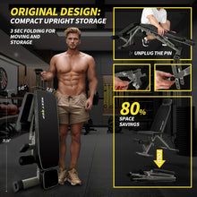 Load image into Gallery viewer, Adjustable Weight Bench,1000 LB Fast Folding Workout Bench for Home Gym Strength Training, Incline Decline Flat Utility Bench Press for Full Body Workout, Upright Storage Yellow Exercise Bench (Grey)
