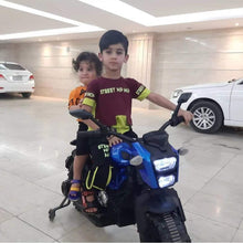 Load image into Gallery viewer, Electric Motorcycle for Kids Ride on Motorcycle, 12V Electric Dirt Bike with Training Wheels Hand Racing Foot Brake (Blue)
