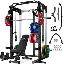 Load image into Gallery viewer, JELENS C21 Power Cage, 2000LBS Multi-Function Power Rack with Independent Dual Pulley System, All-in-One Squat Rack for Cable Crossover, Home Gym Workout Machine (Black, 370lbs Color)
