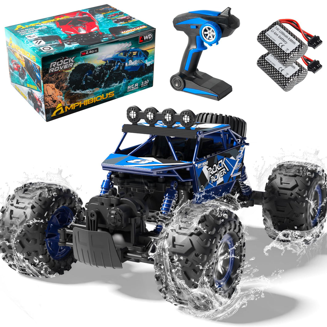 1:10 Amphibious 4WD Large RC Cars, IPX6 Waterproof 30 Km/h Remote Control Car Gifts for Kids 4X4 Off-Road RC Rock Crawler