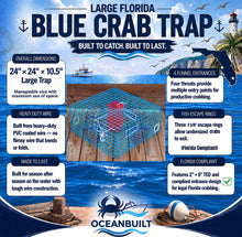 Load image into Gallery viewer, OceanBuilt Florida Large Blue Crab Trap – 11 x 24 x 24 Recreational Blue Crab Pot – Four-Throat Saltwater Crab Trap – Heavy Duty PVC Coated Wire Fishing Trap
