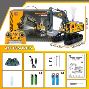 Remote Control Excavator Toys for Boys, 14 Channel 2.4Ghz RC Digger Metal Shovel with Spray, Lights, Sounds, 1:14 Construction Toys