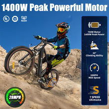 Load image into Gallery viewer, Electric Bike for Adult 1400W Peak, 48V 720WH Removable Battery, 72 Miles 28 MPH, 26&quot; Fat Tire Electric Mountain Bike
