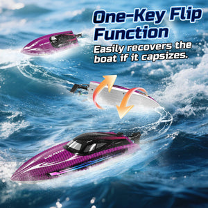 Remote Control Boat for Adults, 25+ KMH Fast RC Speed Boat with LED Light for Kids, Self-righting, Demo, Purple