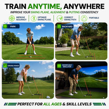 Load image into Gallery viewer, HRUIYL Golf Alignment Sticks Holder – Golf Swing Plane Trainer with 3 Alignment Sticks, Heavy Duty Metal Base Plate, Adjustable Golf Swing Training Aid for Swing Path, Posture &amp; Alignment
