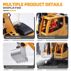 Remote Control Excavator Construction Toys for Boys, 16 Channel RC Engineering Vehicle with Metal Shovel & Light, 2.4G 1/16 Scale