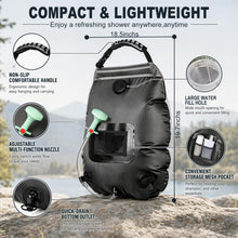 Load image into Gallery viewer, KIPIDA Solar Shower Bag, 2 Pack 5 gallons/20L Heating Camping Shower Bag Solar with Removable Hose and On-Off Switchable Head for Beach Swimming Outdoor Traveling Hiking (Black)
