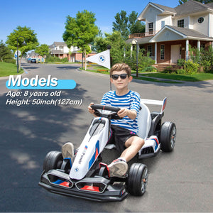 36V Electric Go Kart for Kids, Licensed BMW Battery Powered Drift Racing Go Kart, 7.5 MPH Drift Kart w/Adjustable Speed, White