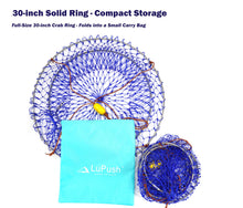Load image into Gallery viewer, LuPush Crab Ring Trap – 30 inch Collapsible Crab Net with 100ft Rope, Aluminum Ruler, Bait Bag &amp; Clip – 6 Pieces Portable Crab Trap for Easy Storage – Durable Grid Design for Dock &amp; Pier Crabbing
