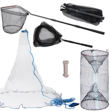 Load image into Gallery viewer, 3 Pcs Foldable Fishing Net Accessories :Fishing Cast Net with Heavy Duty Real Zinc Sinker Weights丨 Fishing Landing Net with Telescoping Pole Handle 丨Crab Crayfish Shrimp Crab Trap
