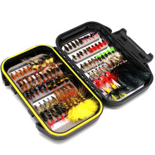 Load image into Gallery viewer, Fly Fishing Flies Assortment Kit Dry Wet Nyphms Tenkara Popper Streamer Woolly Bugger for Trout Bass Salmon Steelhead with Fly Box (100PCS Fishing Flies Kit)

