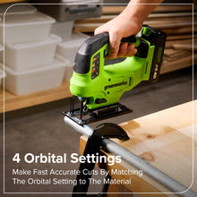 Load image into Gallery viewer, GREENWORKS 24V (8-TOOL) Combo (Drill, Impact Driver, Circular Saw, Reciprocating Saw, Jigsaw, Multi-Tool, Sander, Flashlight), 4.0Ah + (2) 2.0Ah (Power Bank) Batteries, (2) Cables, 65W Rapid Charger
