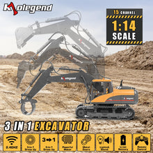 Load image into Gallery viewer, 3 in 1 Remote Control Excavator Toy 1/14 Scale RC Excavator, 15 Channel Upgrade Full Functional Construction Vehicle (Yellow/Black)

